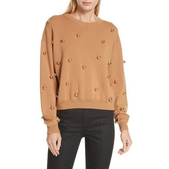 Alice + Olivia Sweater Medium Beige Tan Wool Gleeson Metal Ball Long Sleeve Crew - Picture 10 of 10